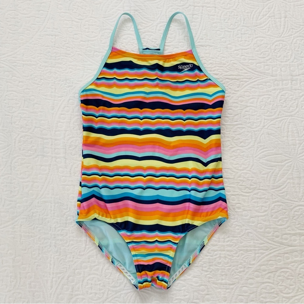 Speedo Girls' Thin Strap One Piece Swimsuit,‎ Rainbow Stripes